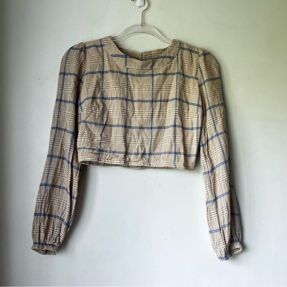Japna Golden Yellow & Blue Plaid Cropped Long Sleeve Open Back Crop Top M